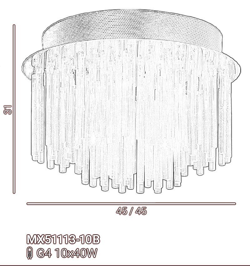 Obraz przedstawia schematyczny rysunek lampy sufitowej z wymiarami 31 cm wysokości i 45 cm średnicy. Widoczny tekst to \'MX51113-10B G4 10x40W\'.