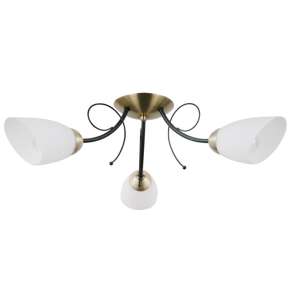 Lampa sufitowa z trzema białymi kloszami i metalowymi ramionami w kolorze złotym i czarnym. Klosze mają kształt stożkowy, a całość jest zamontowana na okrągłej podstawie.