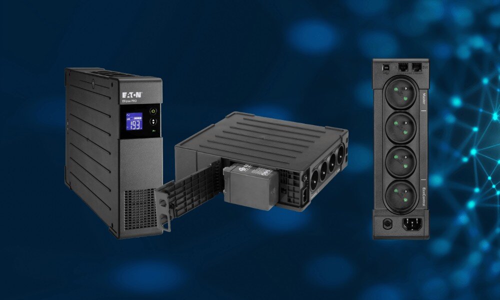 Zasilacz UPS EATON Ellipse Pro Trzy ujęcia zasilacza awaryjnego na ciemnoniebieskim tle, pokazujące widok z przodu, z boku z wysuniętą baterią oraz panel tylny z gniazdami