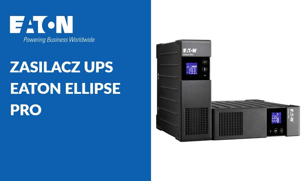 Zasilacz UPS EATON Ellipse Pro Dwa zasilacze awaryjne UPS, jeden ustawiony pionowo, a drugi poziomo, obok napis 'ZASILACZ UPS EATON ELLIPSE PRO' na niebieskim tle