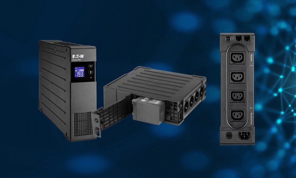 Zasilacz UPS EATON Ellipse Pro Trzy ujęcia zasilacza awaryjnego na ciemnoniebieskim tle, pokazujące widok z przodu, z boku z wysuniętą baterią oraz panel tylny z gniazdami