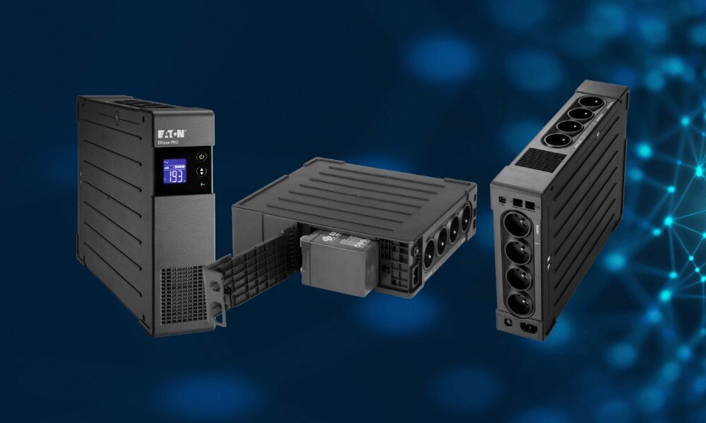 Zasilacz UPS EATON Ellipse Pro Trzy ujęcia zasilacza awaryjnego na ciemnoniebieskim tle, pokazujące widok z przodu, z boku z wysuniętą baterią oraz panel tylny z gniazdami