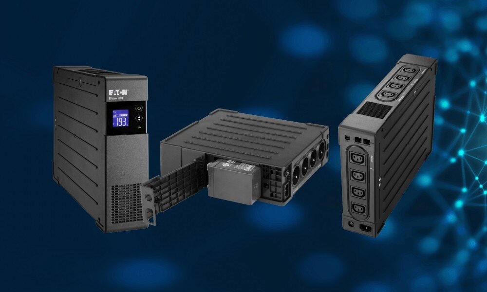 Zasilacz UPS EATON Ellipse Pro Trzy ujęcia zasilacza awaryjnego na ciemnoniebieskim tle, pokazujące widok z przodu, z boku z wysuniętą baterią oraz panel tylny z gniazdami