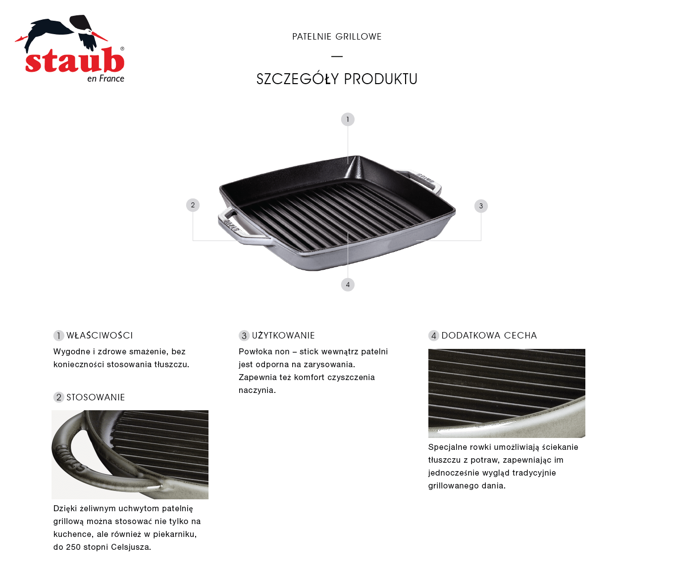 Kwadratowa patelnia grillowa żeliwna Staub z dwoma uchwytami - Why Buy Obraz przedstawia czarną patelnię grillową z żeliwnymi uchwytami i rowkami na powierzchni. Widoczne są opisy cech produktu, takie jak właściwości, stosowanie, użytkowanie i dodatkowa cecha, oraz logo \'staub\'.