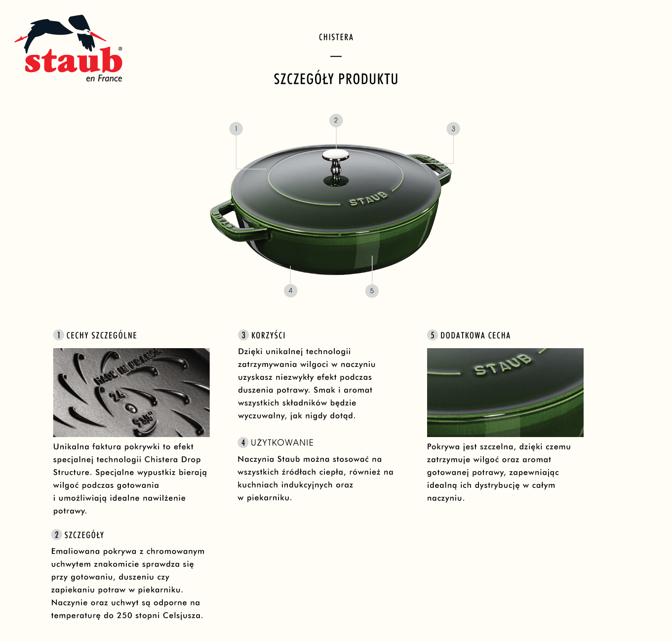 Głęboka patelnia do duszenia z pokrywką Staub - Why Buy Obraz przedstawia zieloną patelnię do duszenia z pokrywką marki Staub, z widocznym logo \'staub en France\'. Obok patelni znajdują się opisy cech produktu, takich jak unikalna faktura pokrywki, korzyści z zatrzymywania wilgoci oraz możliwość używania na różnych źródłach ciepła.