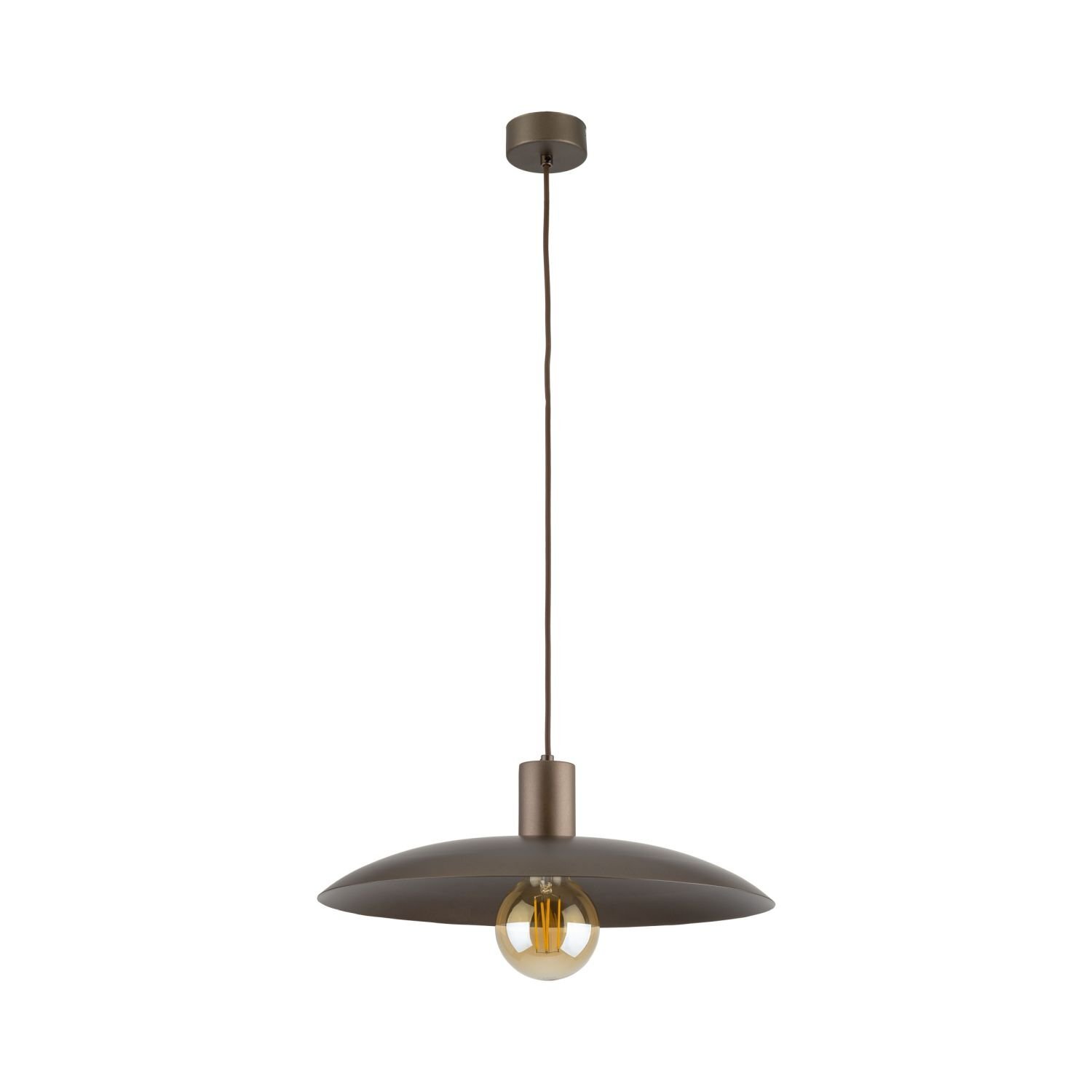 Brązowa lampa wisząca z metalowym kloszem i widoczną żarówką, zawieszona na cienkim przewodzie. Klosz ma nowoczesny, minimalistyczny design.