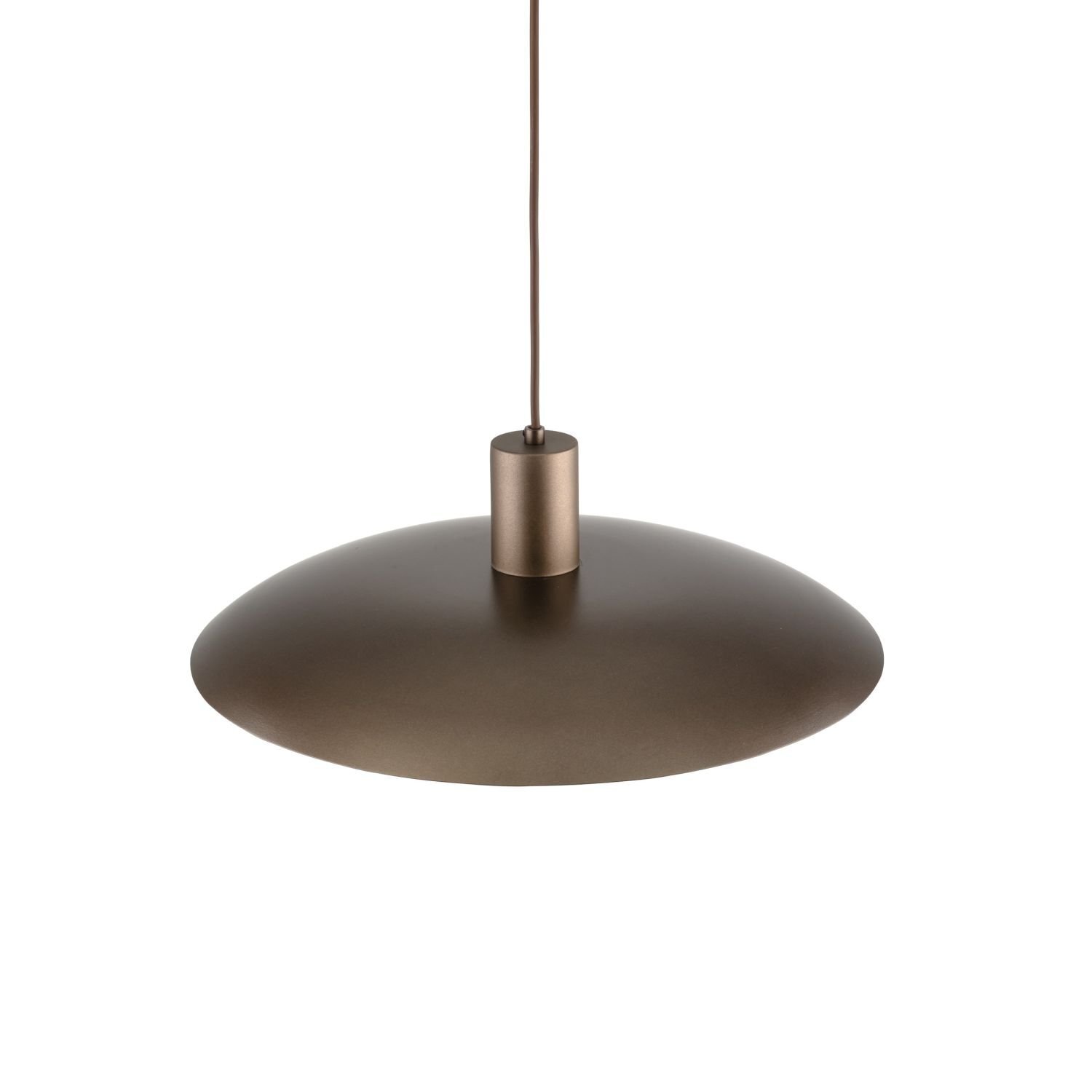 Brązowa lampa wisząca o nowoczesnym designie, wykonana z metalu z regulowaną wysokością. Posiada okrągły klosz i jest zawieszona na cienkim przewodzie.