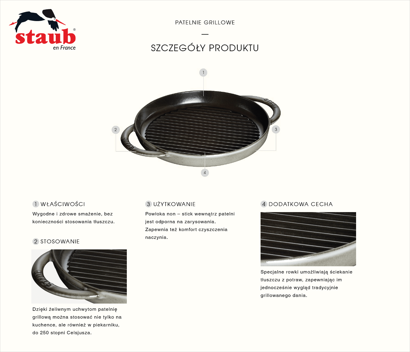 Prostokątna patelnia żeliwna grillowa Staub - Why Buy Obraz przedstawia patelnię grillową z logo \'staub\' w lewym górnym rogu. Opisane są jej cechy: wygodne smażenie bez tłuszczu, możliwość użycia w piekarniku do 250 stopni, powłoka non-stick odporna na zarysowania oraz rowki do odprowadzania tłuszczu.
