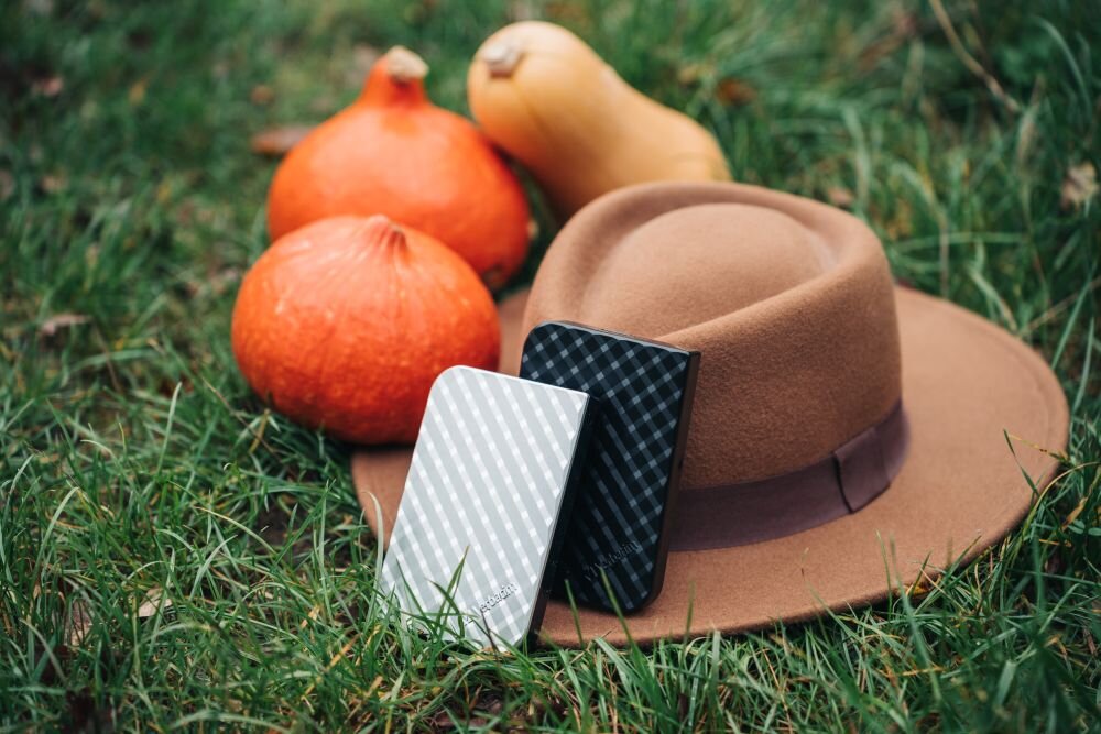 Dysk VERBATIM Store n Go 1TB HDD Srebrny Dwa dyski przenośne w kolorze srebrnym i czarnym leżące na brązowym kapeluszu położonym na trawie obok pomarańczowych dyń