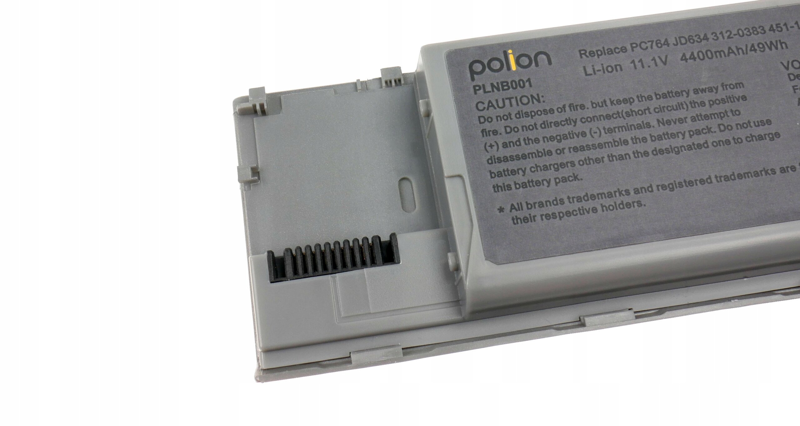 Na obrazie widoczna jest szara bateria do laptopa z etykietą zawierającą tekst: \'Replace PC764 JD634 312-0383 451-... Li-Ion 11.1V 4400mAh/49Wh\'.