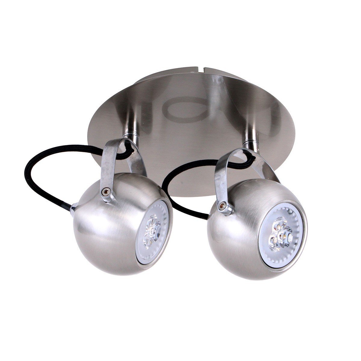 Na obrazie widoczna jest nowoczesna lampa sufitowa z dwoma regulowanymi reflektorami w kształcie kul, wykonana z metalu o srebrnym wykończeniu. Reflektory są zamocowane na okrągłej podstawie sufitowej.