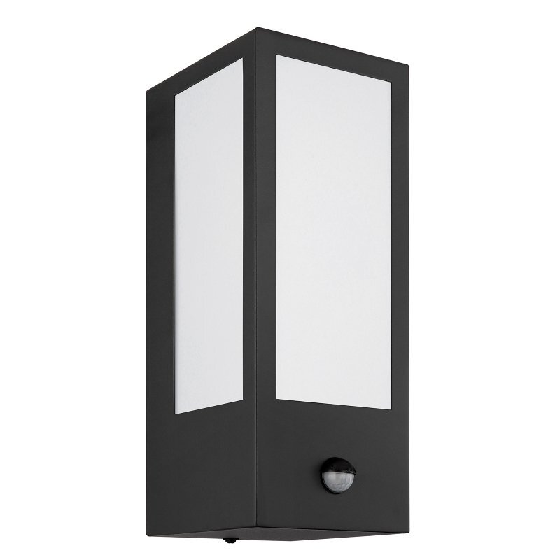 Czarna matowa lampa zewnętrzna o prostokątnym kształcie z białymi panelami i czujnikiem ruchu na dole. Lampa jest przeznaczona do montażu ściennego.
