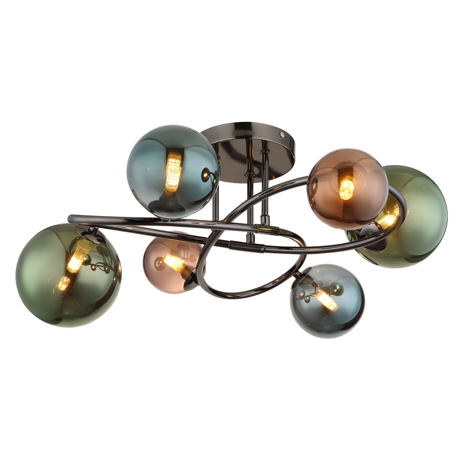 Lampa sufitowa z sześcioma kulistymi kloszami w różnych kolorach, zamontowana na metalowej konstrukcji. Klosze mają widoczne żarówki wewnątrz.