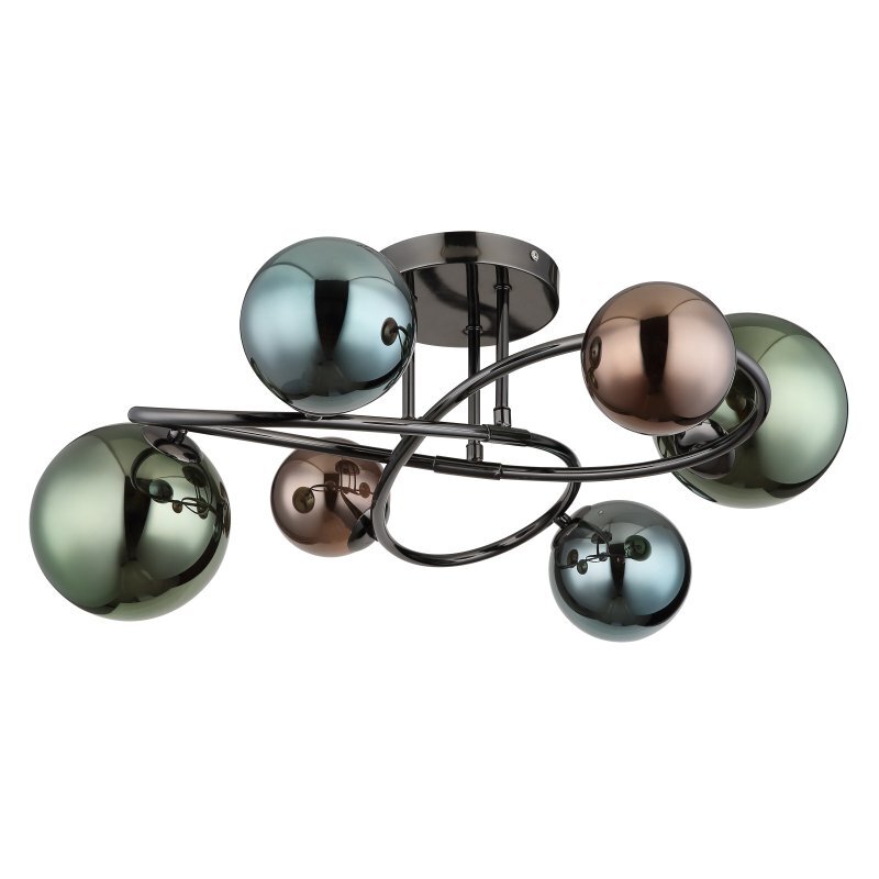 Lampa sufitowa z sześcioma kulistymi kloszami w różnych metalicznych kolorach, zamontowana na czarnej, zakrzywionej konstrukcji. Klosze mają odcienie zieleni, niebieskiego i brązu.