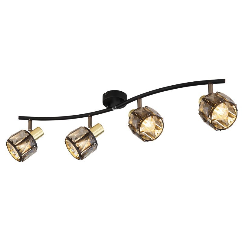 Lampa sufitowa z czterema reflektorami w kolorze czarnego matu i złota, z przydymionymi kryształami. Reflektory są zamontowane na lekko zakrzywionej listwie.