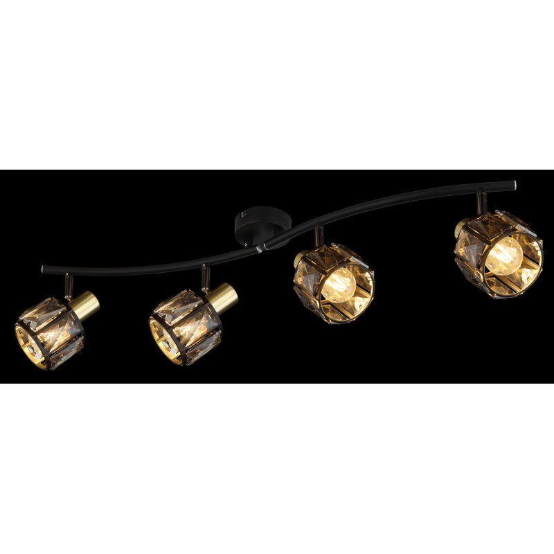 Lampa sufitowa z czterema reflektorami w kolorze czarnego matu i złota, z przydymionymi kryształami. Reflektory są zamontowane na lekko zakrzywionej listwie.