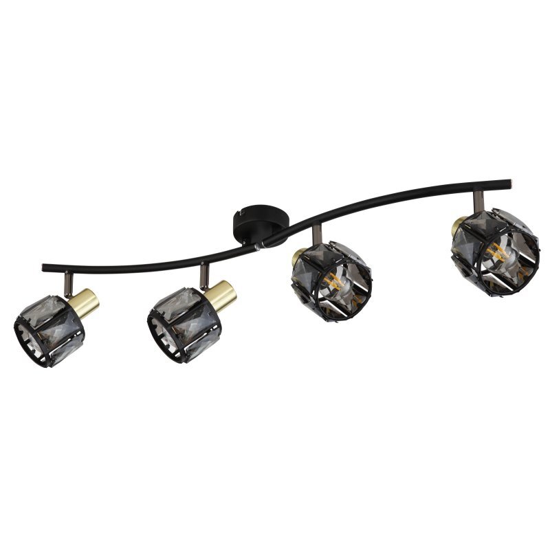 Lampa sufitowa z czterema reflektorami w kolorze czarnego matu i złota, z przydymionymi kryształami. Reflektory są zamontowane na lekko zakrzywionej listwie.