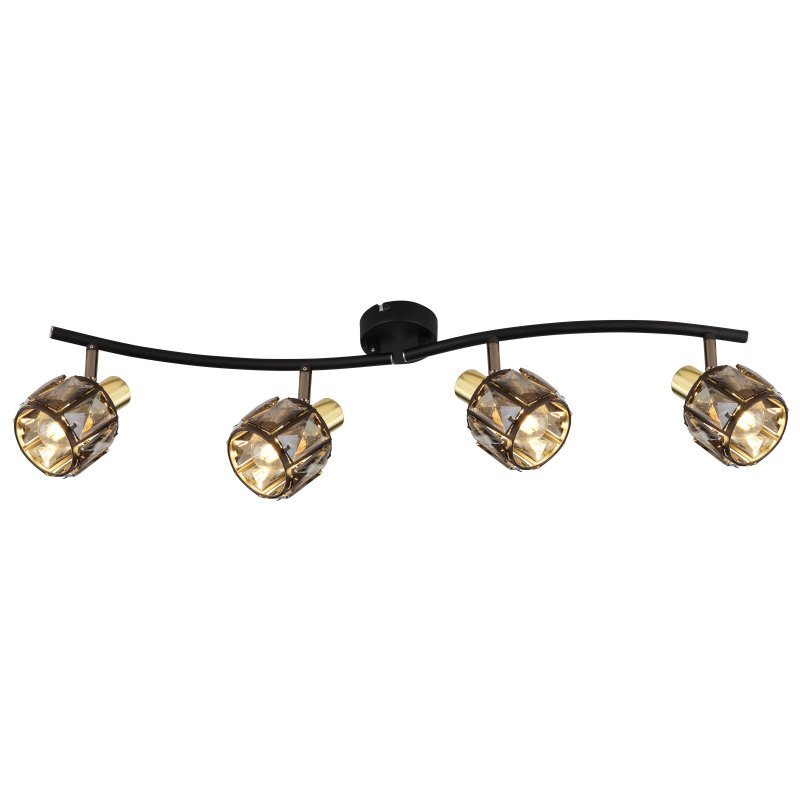Lampa sufitowa z czterema reflektorami w kolorze czarnego matu i złota, z przydymionymi kryształami. Reflektory są zamontowane na lekko zakrzywionej listwie.