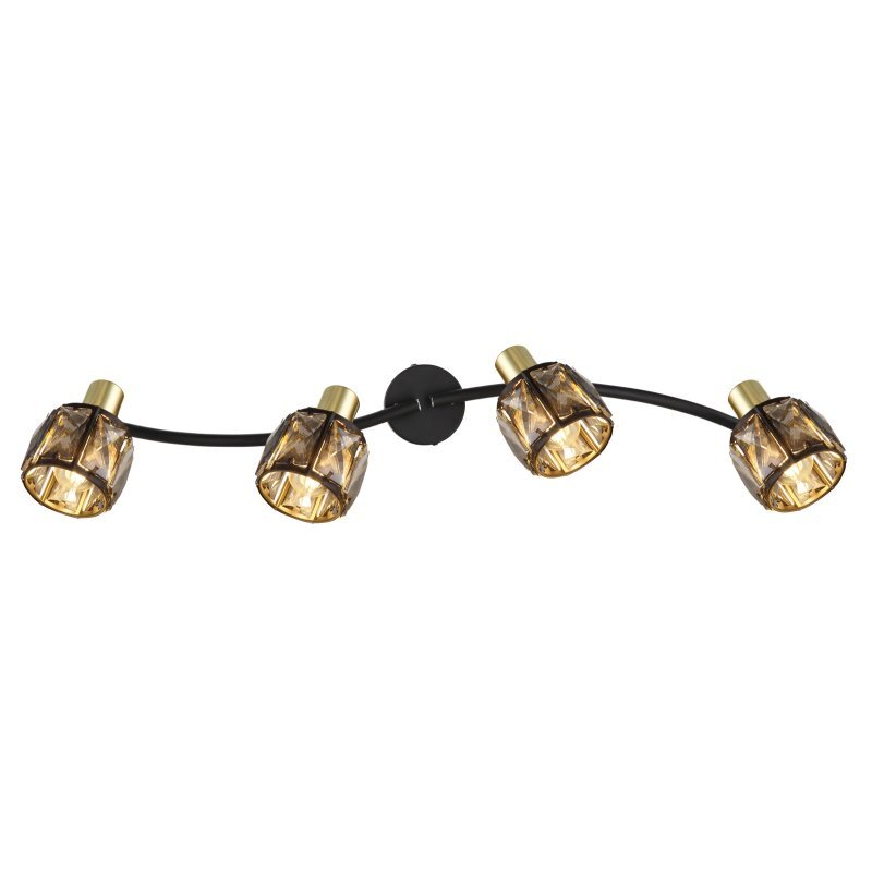 Lampa sufitowa z czterema reflektorami na czarnym matowym stelażu, z kloszami w kolorze złota i przydymionymi kryształami.