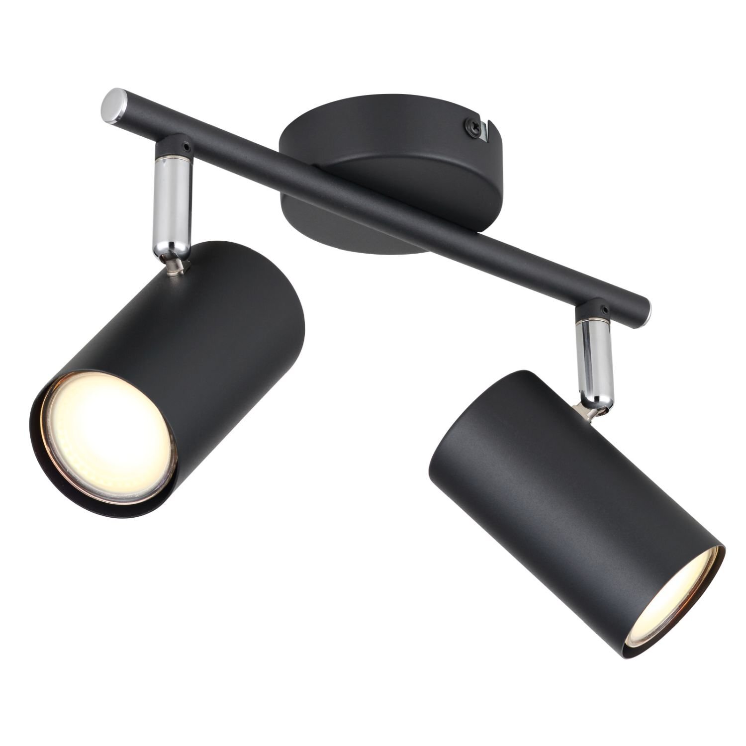 Czarna lampa sufitowa z dwoma reflektorami w kształcie cylindrów, zamontowana na metalowym uchwycie. Reflektory są skierowane w różnych kierunkach, a ich wnętrza są jasne.