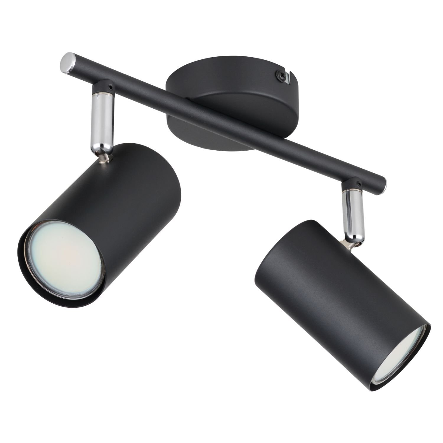 Czarna lampa sufitowa z dwoma cylindrycznymi reflektorami zamontowanymi na poziomej belce. Reflektory są skierowane w różnych kierunkach, a całość ma nowoczesny design.