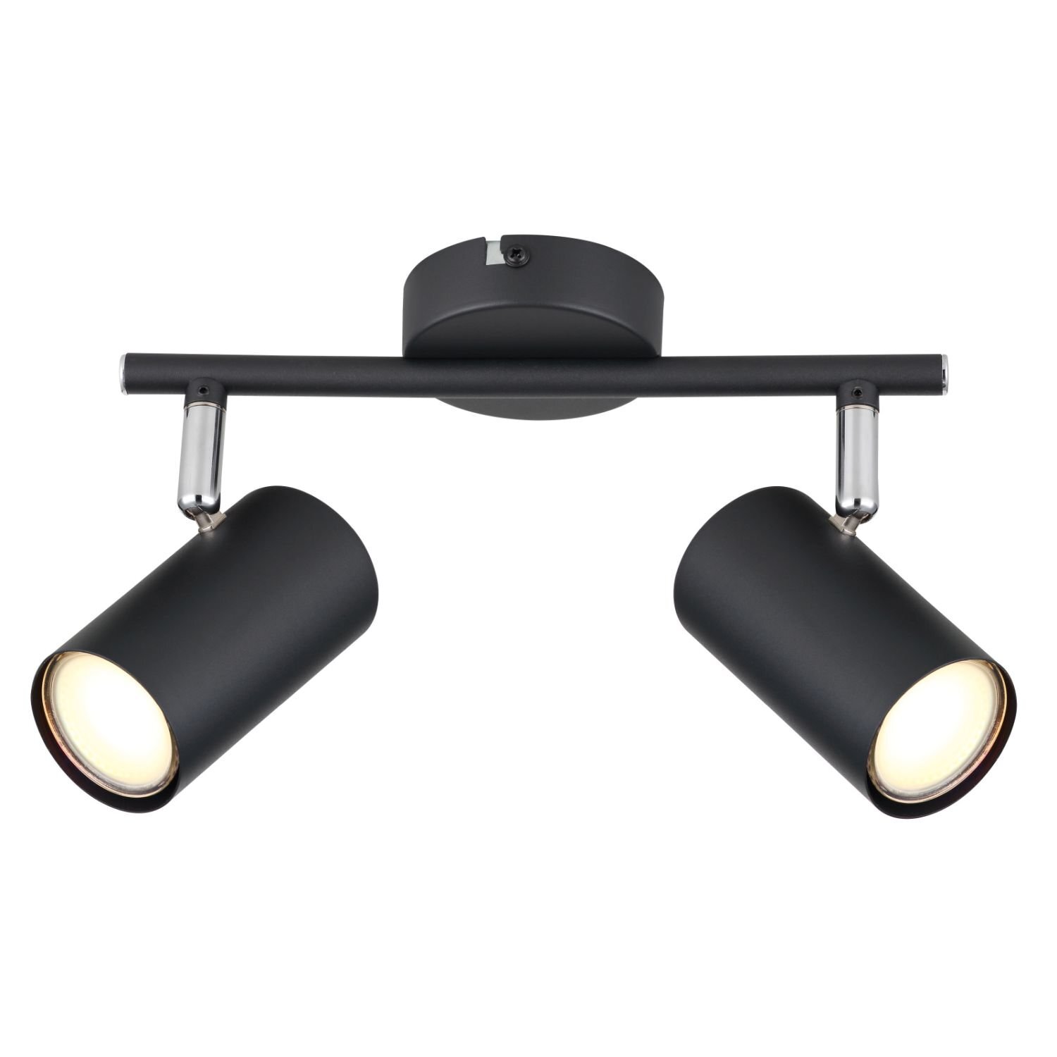 Czarna lampa sufitowa z dwoma reflektorami w kształcie cylindrów, zamontowana na prostokątnej belce. Reflektory są skierowane w różnych kierunkach, a całość ma nowoczesny design.