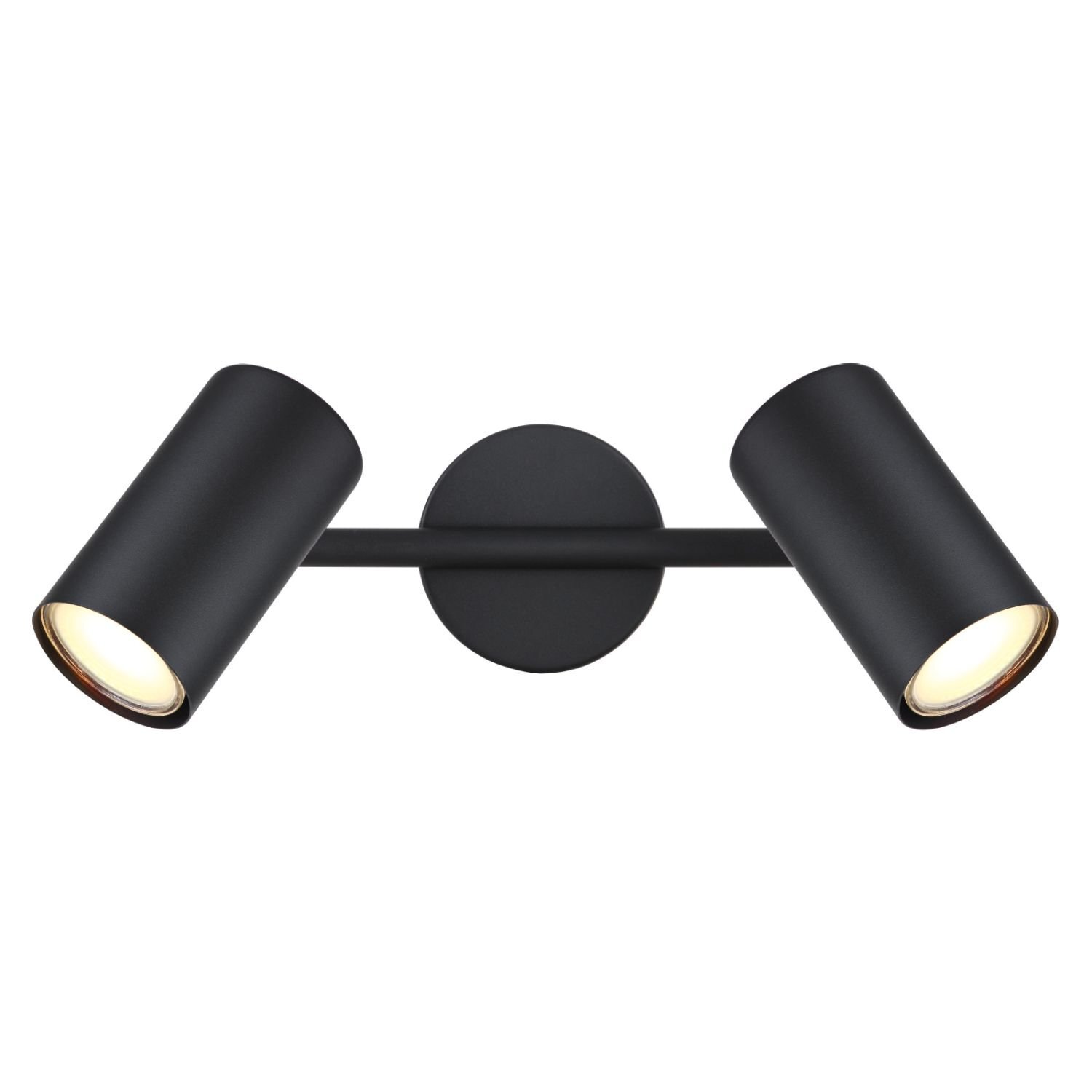 Czarna lampa sufitowa z dwoma cylindrycznymi reflektorami zamontowanymi na poziomej belce, każdy z nich emituje światło. Lampa ma nowoczesny design i jest przeznaczona do montażu wewnętrznego.