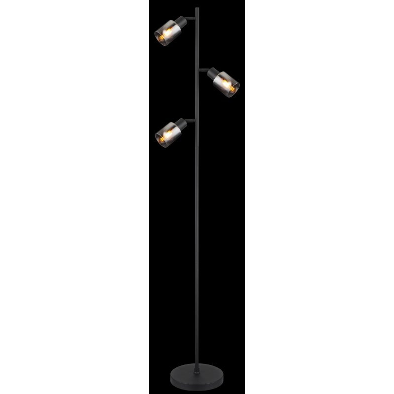 Czarna matowa lampa podłogowa z trzema kloszami z przydymionego szkła, zamontowanymi na pionowym stelażu. Lampa posiada okrągłą podstawę i włącznik nożny.