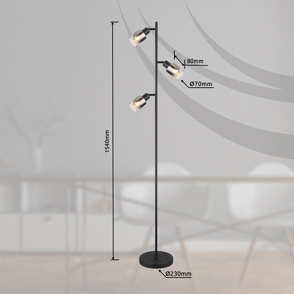 Czarna matowa lampa podłogowa z trzema kloszami z przydymionego szkła, o wysokości 1540 mm i średnicy podstawy 230 mm. Widoczne są wymiary kloszy: 80 mm długości i 70 mm średnicy.