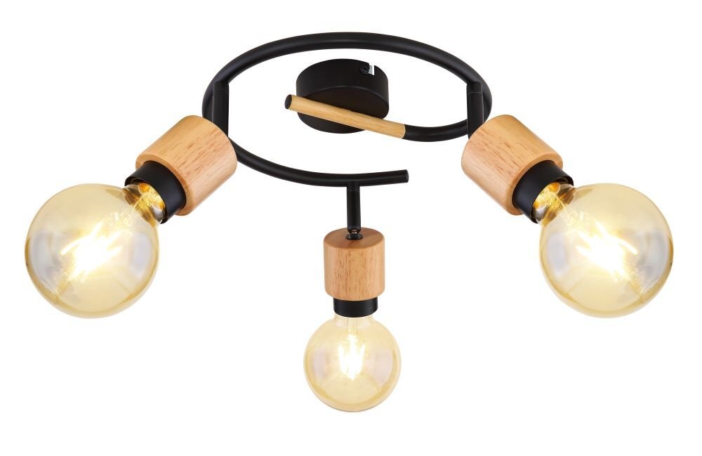 Lampa sufitowa z trzema żarówkami, wykonana z czarnego matowego metalu i jasnego drewna. Reflektory są regulowane, a całość ma nowoczesny design.