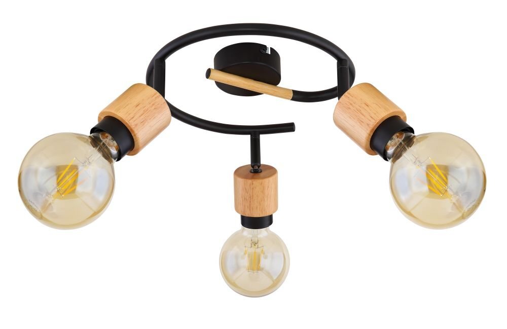 Lampa sufitowa z trzema żarówkami w oprawach z czarnego matowego metalu i jasnego drewna. Reflektory są regulowane, a całość ma nowoczesny design.
