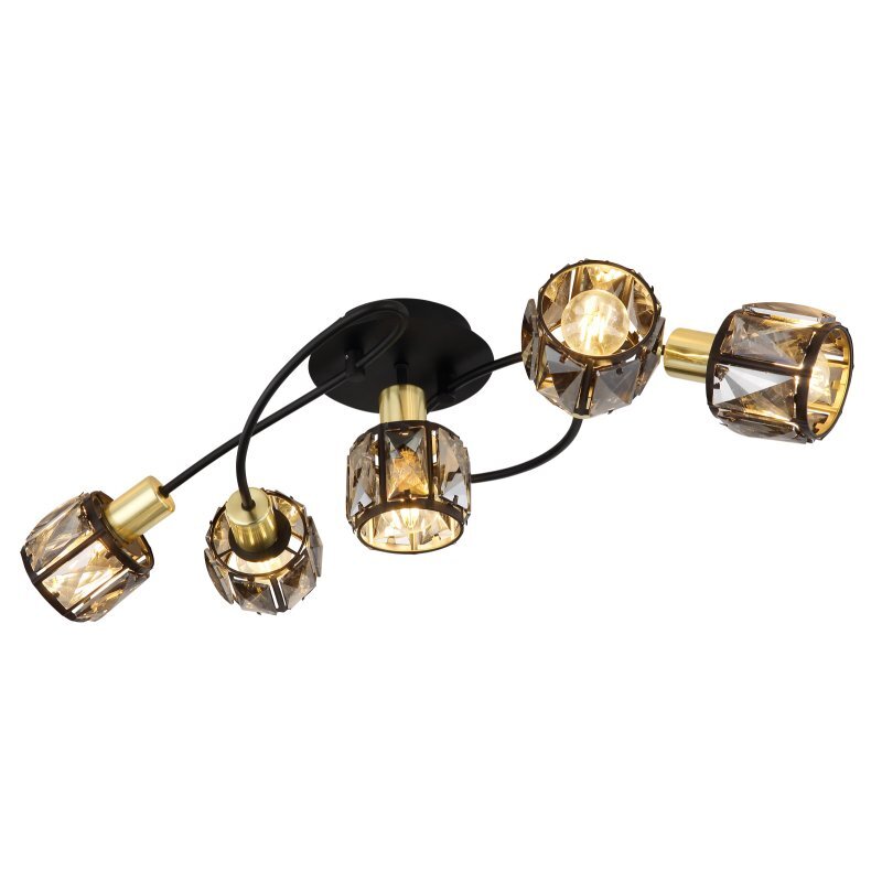 Lampa sufitowa z pięcioma źródłami światła, posiada czarno-złote wykończenie i przydymione szklane klosze z kryształami. Konstrukcja jest elegancka i nowoczesna.