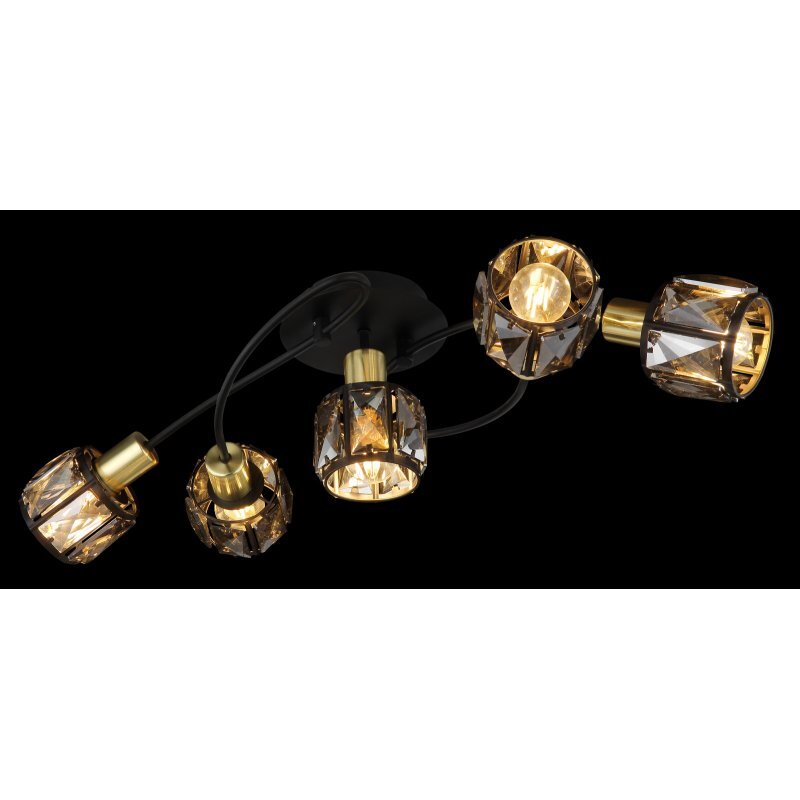 Lampa sufitowa z pięcioma żarówkami w czarno-złotej oprawie z przydymionym szkłem i kryształami. Konstrukcja ma elegancki, nowoczesny wygląd.