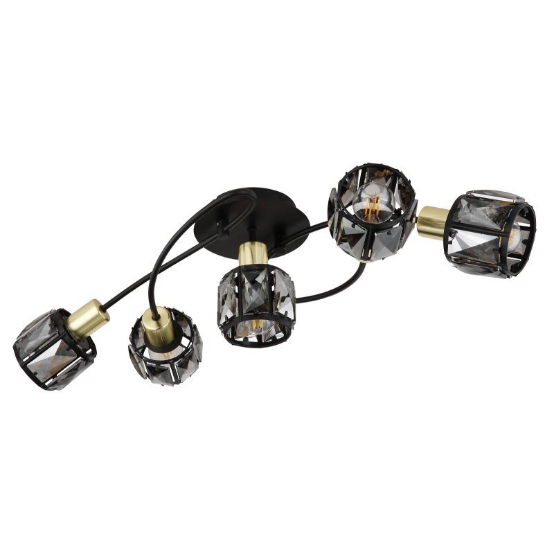 Lampa sufitowa z pięcioma żarówkami w czarno-złotej oprawie z przydymionym szkłem i kryształami. Konstrukcja jest elegancka i nowoczesna, z metalowymi elementami w kolorze złotym.