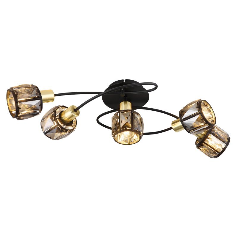 Lampa sufitowa z pięcioma źródłami światła, wykonana z czarno-złotych elementów i przydymionego szkła. Każdy klosz ozdobiony jest kryształami, a całość zamocowana jest na czarnej podstawie.