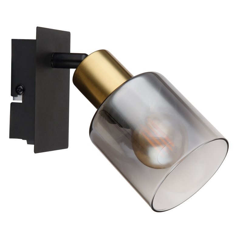 Reflektor sufitowy z czarną matową podstawą i złotym elementem, posiada dymiony klosz. Wewnątrz klosza widoczna jest żarówka.