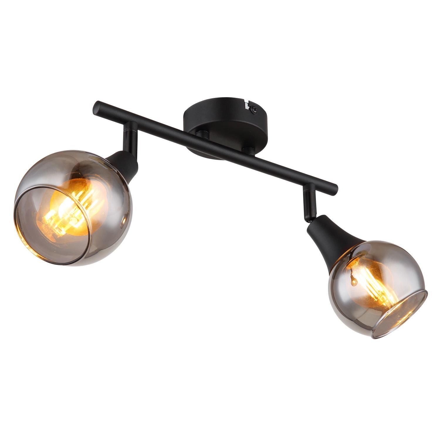 Na obrazie widoczna jest nowoczesna lampa sufitowa z dwoma szklanymi kloszami w kształcie kul, zamontowana na czarnym metalowym stelażu. Wewnątrz kloszy znajdują się żarówki emitujące ciepłe światło.