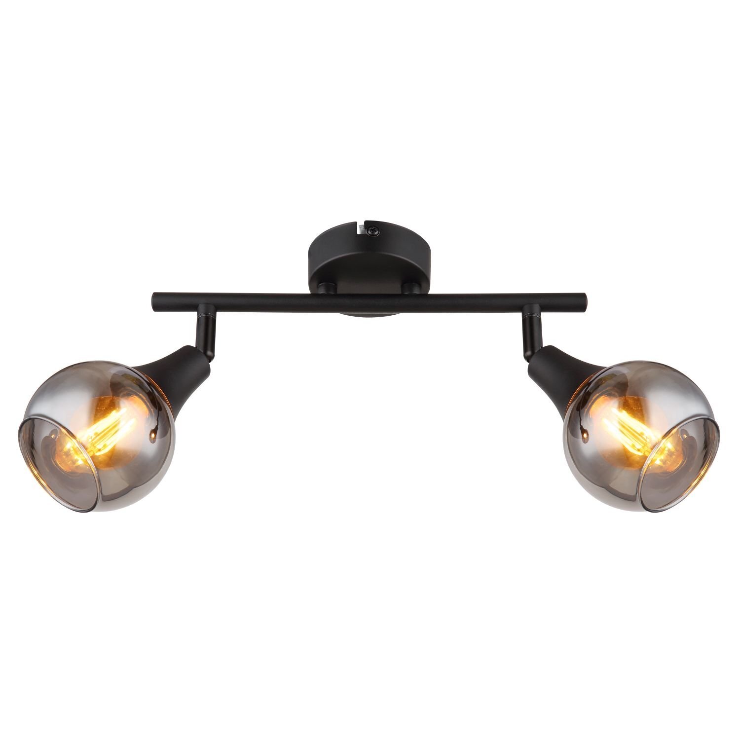 Lampa sufitowa z dwoma szklanymi kloszami w kształcie kul, zamontowana na metalowym stelażu. Klosze mają przyciemniane szkło, przez które widać żarówki emitujące ciepłe światło.