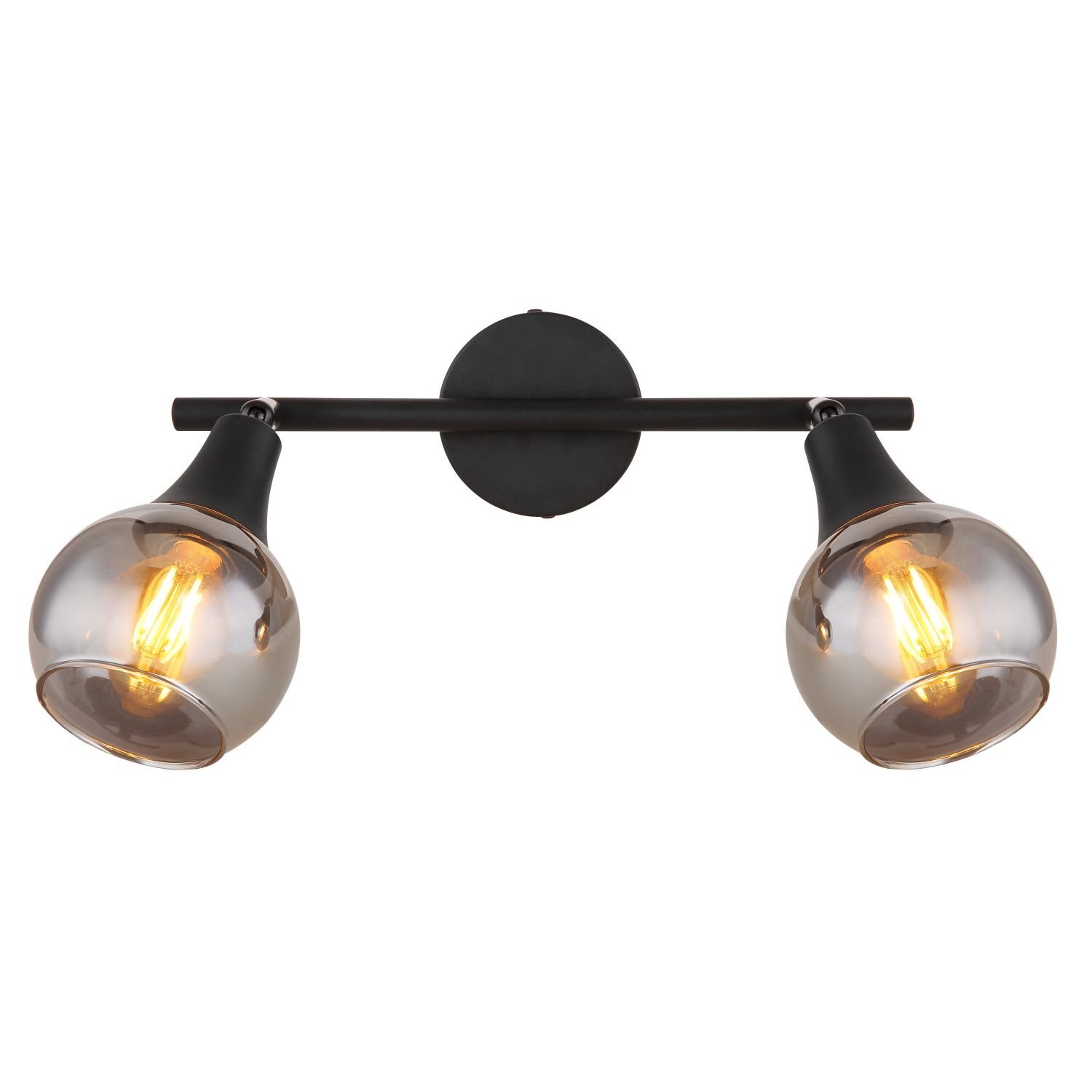 Lampa sufitowa z dwoma szklanymi kloszami w kształcie kul, zamontowana na metalowym uchwycie. Wewnątrz kloszy widoczne są żarówki emitujące ciepłe światło.