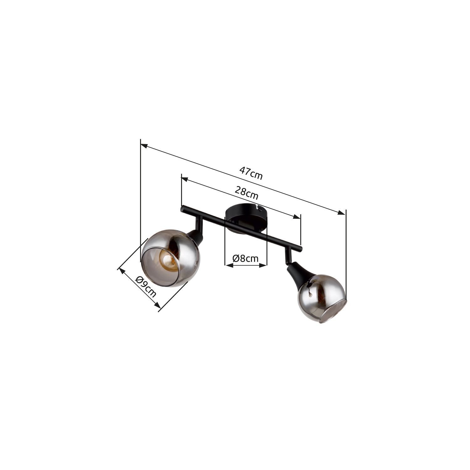 Lampa sufitowa z dwoma reflektorami na czarnym uchwycie, z wymiarami: 47 cm długości, 28 cm szerokości, średnica podstawy 8 cm, średnica reflektorów 9 cm.