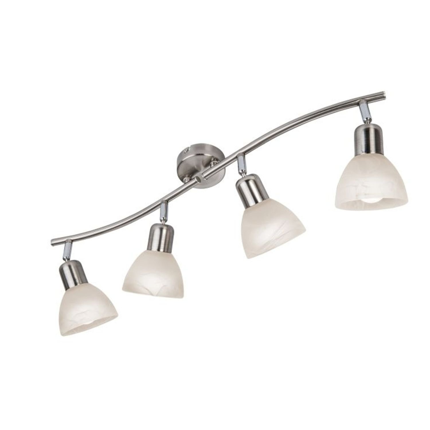 Na obrazie widoczna jest lampa sufitowa z czterema reflektorami zamontowanymi na zakrzywionej metalowej listwie. Każdy reflektor ma matowy, biały klosz i metalowe wykończenie.