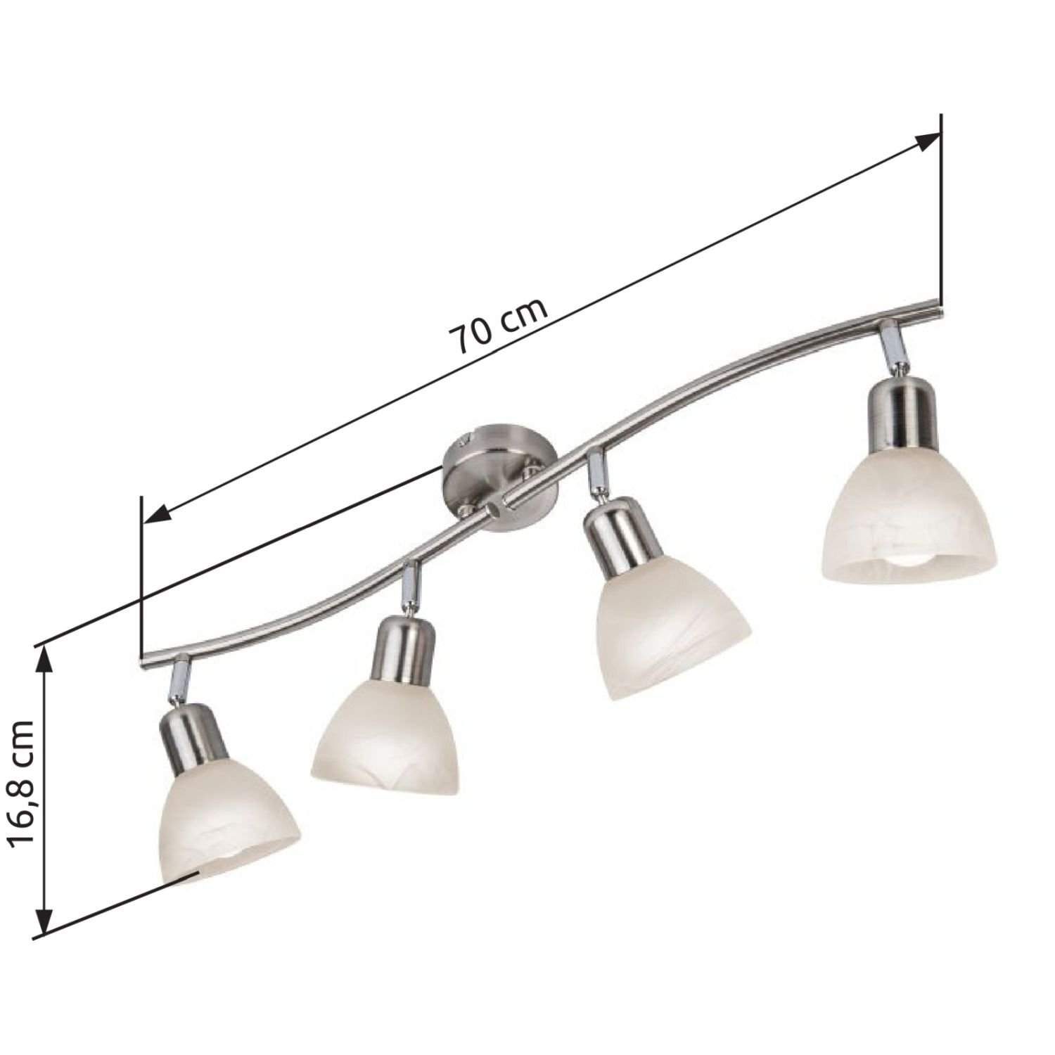 Na obrazie widoczna jest lampa spot reflektor z czterema kloszami w kolorze białym, zamontowana na metalowej listwie. Wymiary lampy to 70 cm długości i 16,8 cm wysokości.