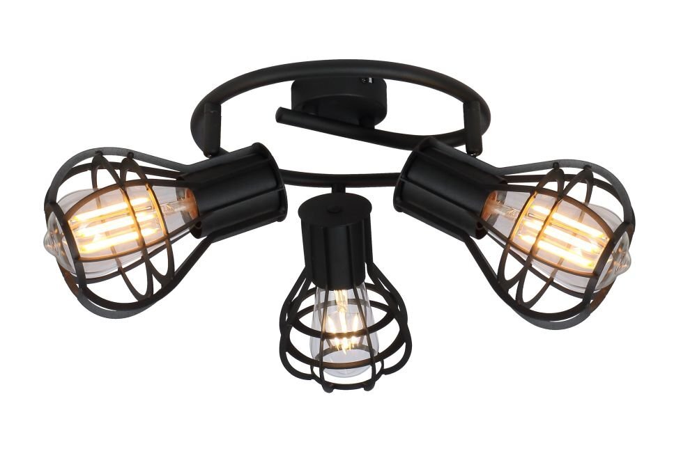 Lampa sufitowa z trzema żarówkami w kloszach z czarnego matowego metalu o spiralnym kształcie. Konstrukcja jest zamontowana na okrągłej podstawie.