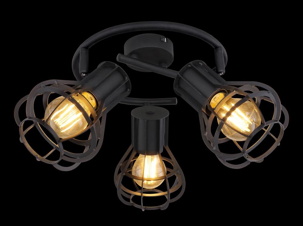 Czarna matowa lampa sufitowa z trzema żarówkami w metalowych kloszach o spiralnym kształcie. Lampa ma okrągłą podstawę i jest wykonana z metalu.