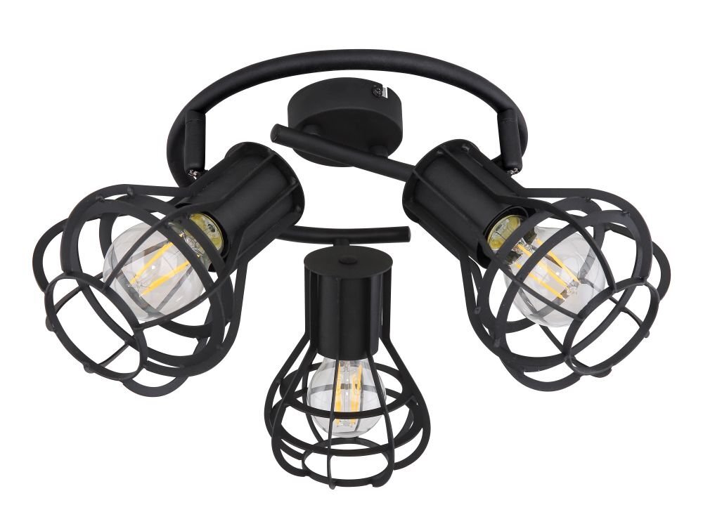 Czarna matowa lampa sufitowa z trzema żarówkami w metalowych kloszach o spiralnym kształcie. Konstrukcja lampy jest wykonana z metalu i ma nowoczesny design.