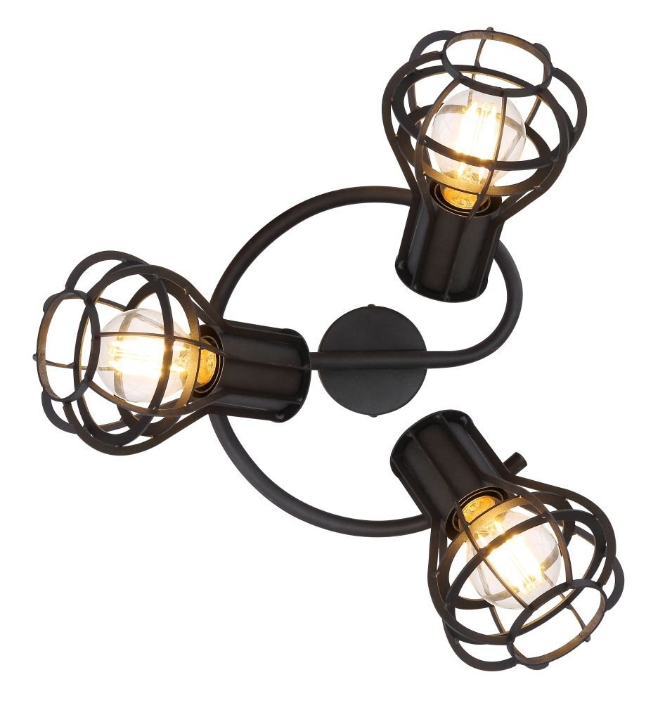 Lampa sufitowa z trzema żarówkami w metalowych kloszach o spiralnym kształcie, wykonana z czarnego matowego metalu. Klosze są zamocowane na okrągłej podstawie z trzema ramionami.