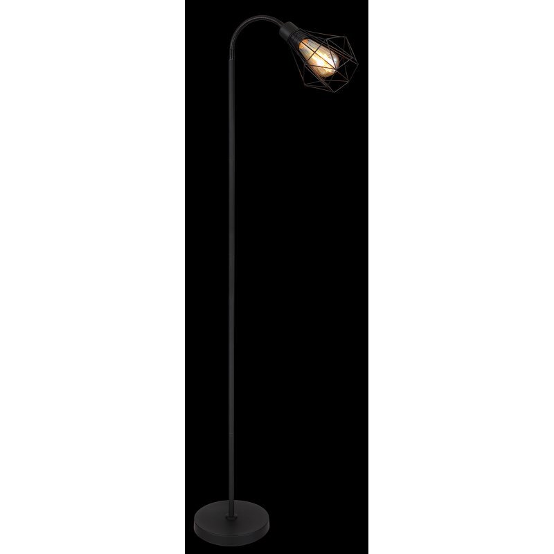 Czarna matowa lampa podłogowa z metalową siatką wokół żarówki i regulowanym ramieniem. Posiada okrągłą podstawę i włącznik nożny.