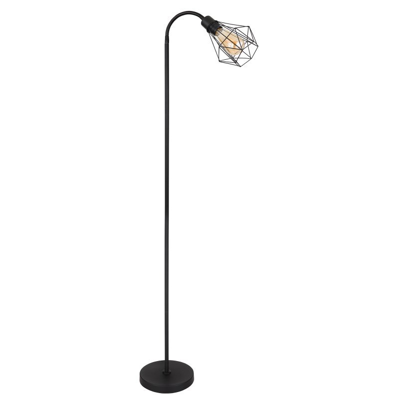 Czarna matowa lampa podłogowa z metalową siatką wokół żarówki i prostym, smukłym stojakiem. Lampa posiada okrągłą podstawę i elastyczne ramię umożliwiające regulację.