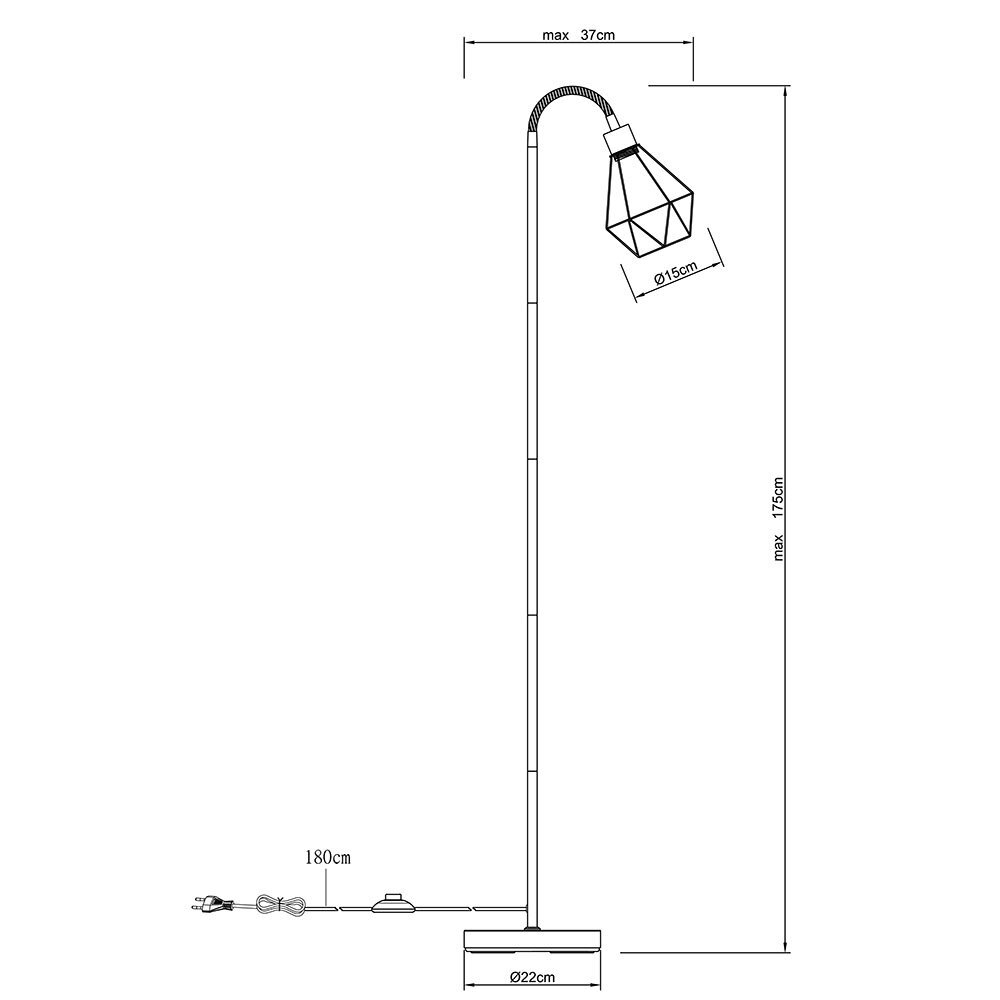 Schemat lampy podłogowej z metalową siatką, regulacją flexo i włącznikiem nożnym. Wymiary: wysokość maksymalna 175 cm, średnica podstawy 22 cm, długość kabla 180 cm.