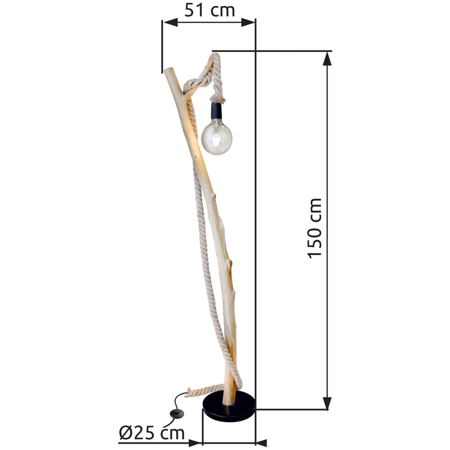 Lampa podłogowa z drewnianym stelażem i żarówką zawieszoną na sznurze. Wymiary: wysokość 150 cm, szerokość 51 cm, średnica podstawy 25 cm.